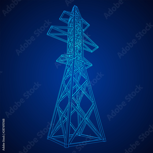 Power transmission tower high voltage pylon. Wireframe low poly mesh vector illustration