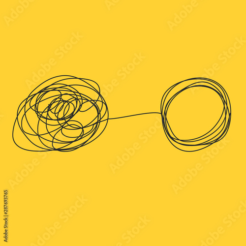Tangle tangled and untangled. Abstract metaphor, concept of solving problems in business.