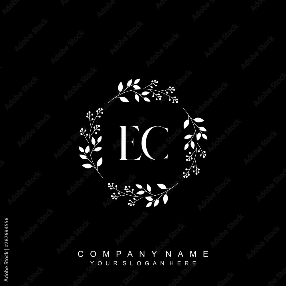 Naklejka premium letter EC surrounded by beautiful and elegant flowers and leaves. Wedding monogram logo template. Fashion Logo template Vectors,