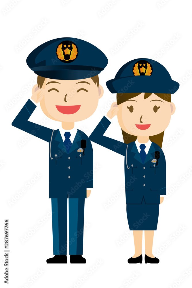 警察官 警官 男女ペアの敬礼するお巡りさんの全身イラスト アイコン 笑顔 白背景 Illustration Of Police Officer Stock Vector Adobe Stock