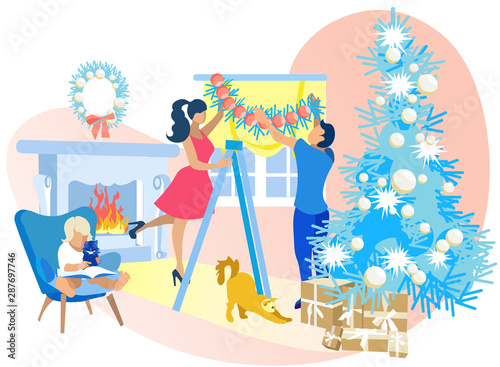 Happy Family Decorating Room and Christmas Tree