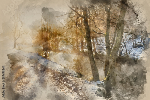 Digital watercolor painting of Beautiful Winter snow covered countryside landscape of river flowing