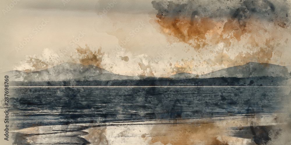 Digital watercolor painting of Panorama landscape stunning mountain range and beach at vibrant sunset