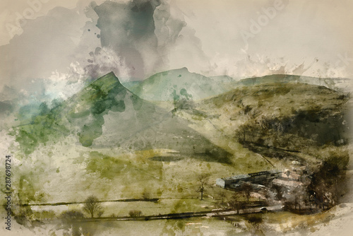 Digital watercolor painting of Stunning landscape of Chrome Hill and Parkhouse Hill in Peak District in UK