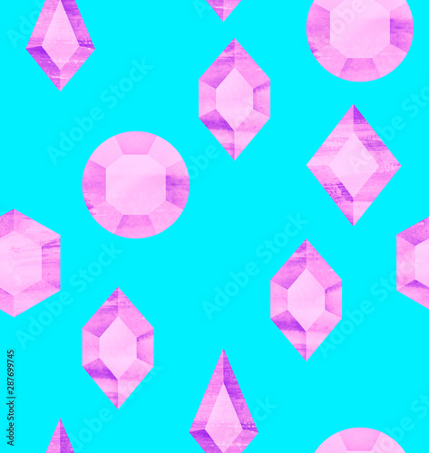 Seamless blue pattern with bright pink handmade gems crystals and precious stones. Decorative romantic background ideal for a gift paper, cards or fabric textile. Concept art. Minimum surrealism