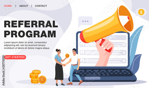 Refer a friend concept. Laptop notebook screen with loudspeaker invites friends to referral program. Business people shaking hands. Loyalty program for friends. Landing page template. Vector.