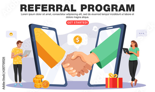 Refer a friend or Referral marketing concept. Business people shaking hands. Hands in big smartphone. People share info about referral program. Social communication for friends. Vector.