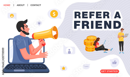 Refer a friend concept. Man with a megaphone invites his friends to referral program. People share info about referral program. Social communication, loyalty program for friends. Vector.