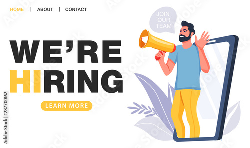 We are hiring concept. Recruitment agency. Man shouting on megaphone with join our team word. Big smartphone screen. Landing page template. Vector illustration.