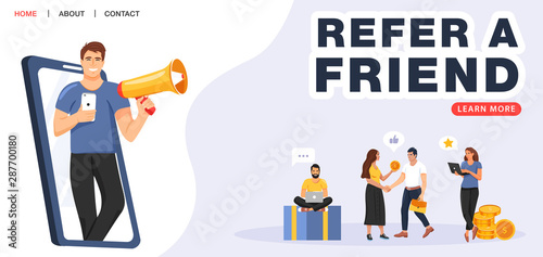 Refer a friend concept. Man with a megaphone invites his friends to referral program. People share info about referral program. Social communication, loyalty program for friends. Vector.