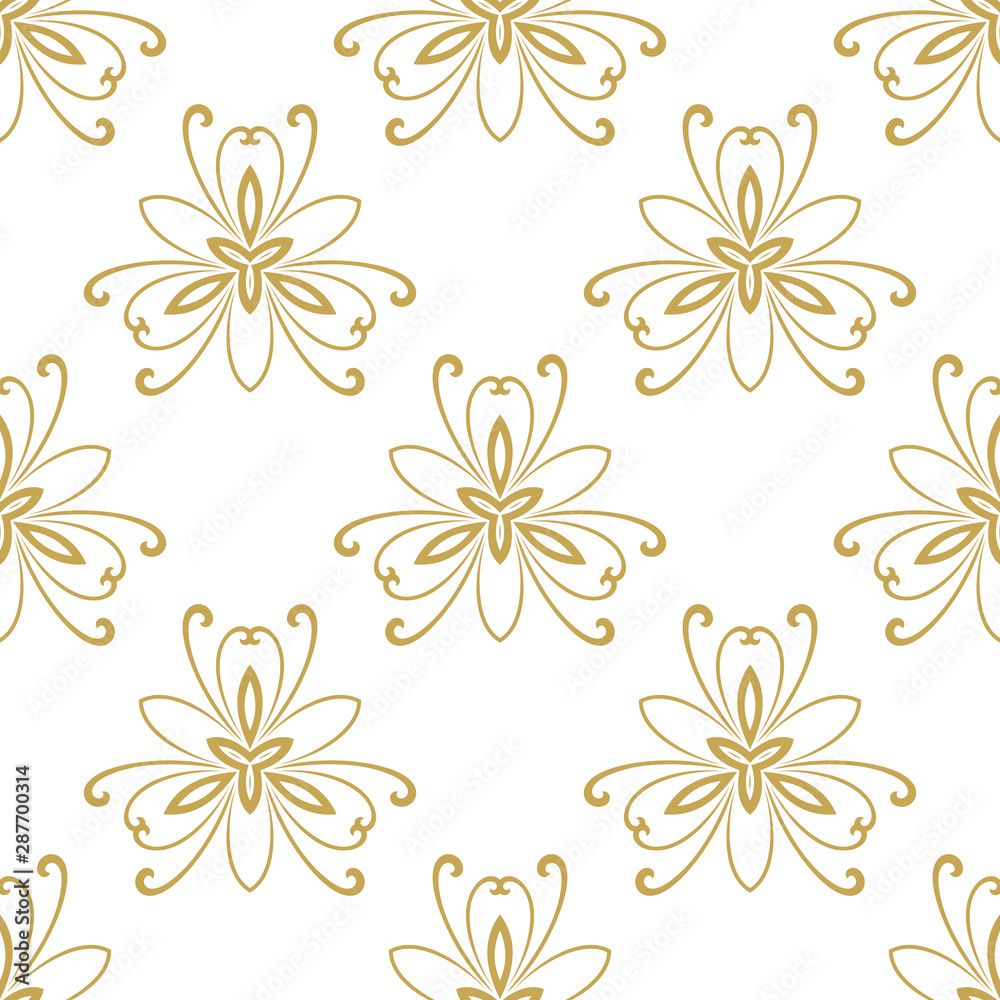 Floral golden ornament. Seamless abstract classic background with flowers. Pattern with repeating floral elements. Ornament for fabric, wallpaper and packaging