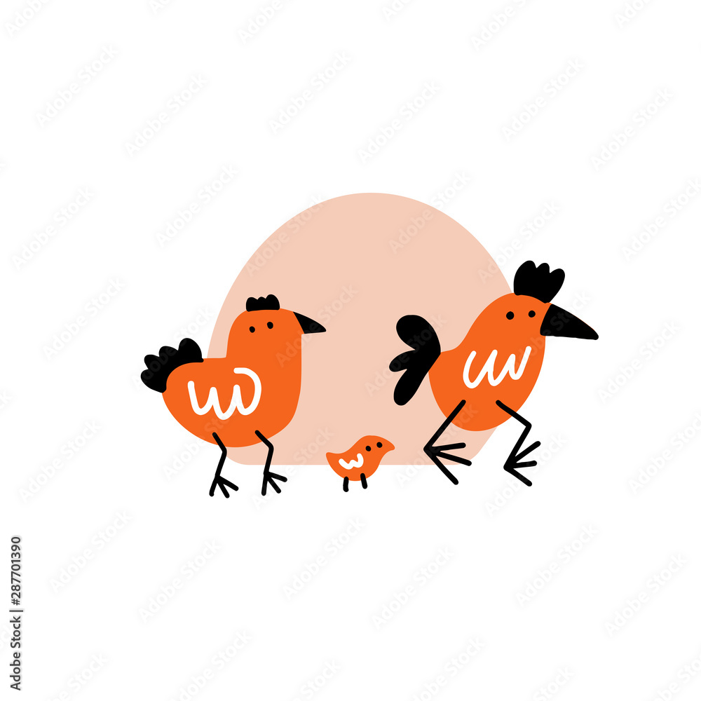 Fototapeta premium Funny vector illustration of cock, hen and chicken.