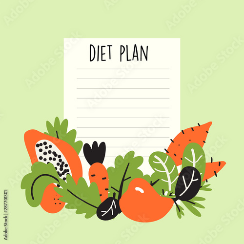 Diet plan. Vector illustration of fruits and vegetables with text space.