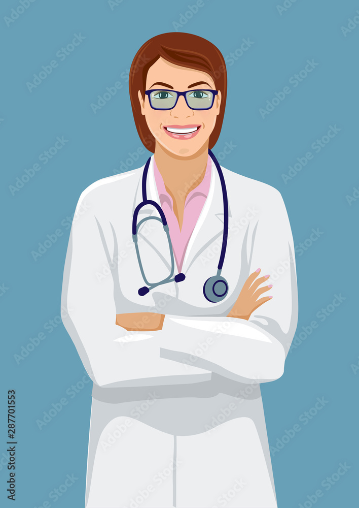 Smiling middle-aged female doctor. Cute woman wearing a lab coat stands with crossed arms. Vector illustration