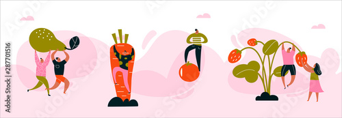 Vector cartoon illustration of harvesting people. Web banner