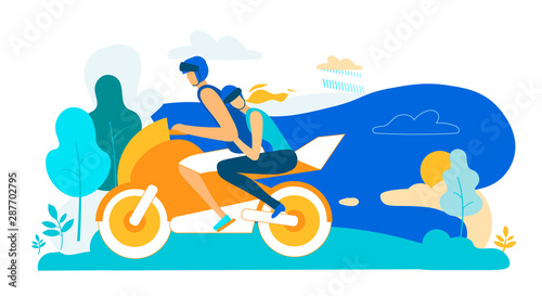 Young Loving Couple Riding Motorbike on Nature