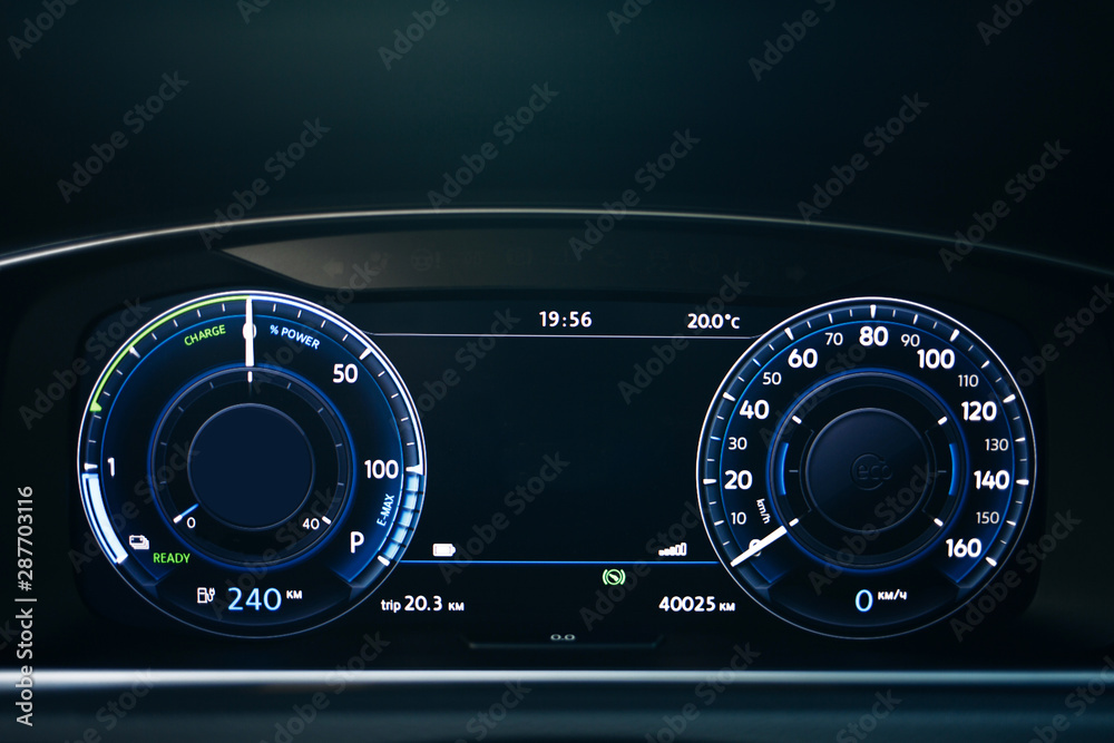 Electric car dashboard with backlight and engine starting Electric car dashboard with backlight and engine starting