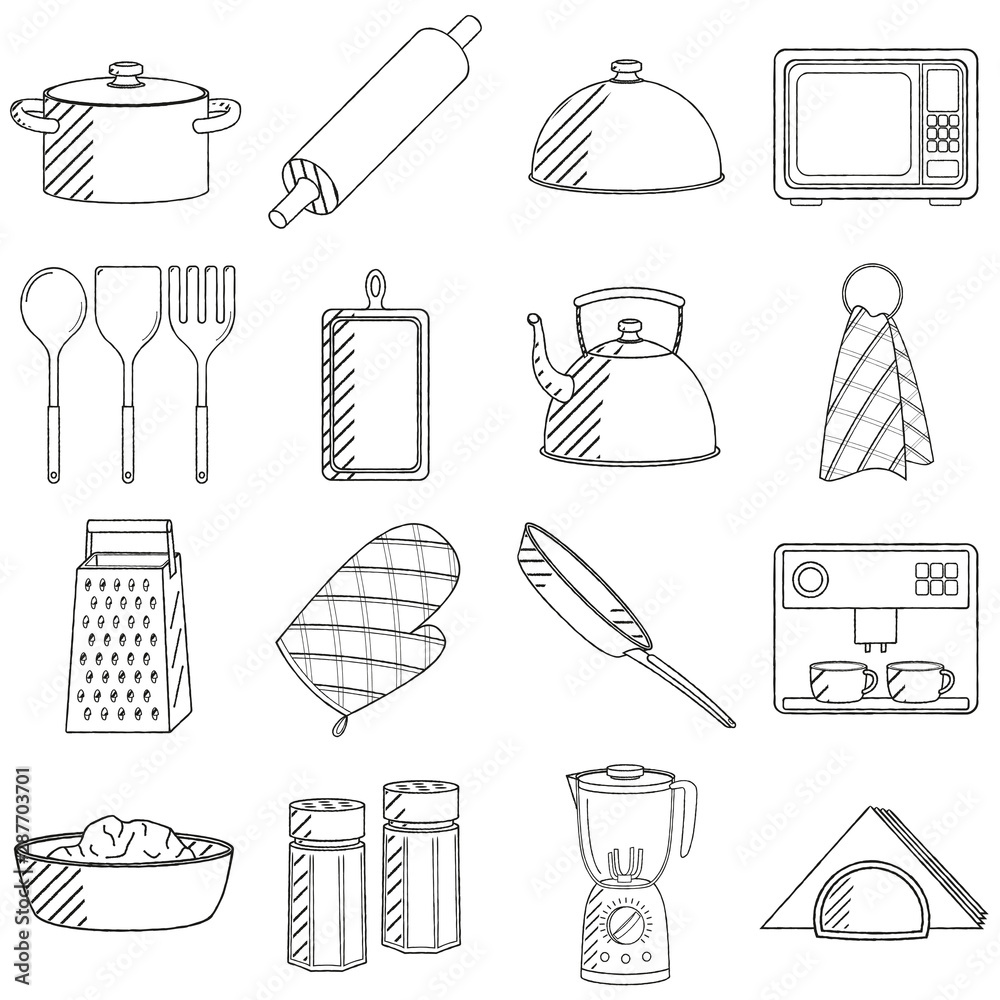 Linear sketch of kitchen utensils - kettle, mixer, frying pan, saucepan.  Doodle style. Cooking concept. Isolated on white background, stock vector  illustration. - Stock Image - Everypixel