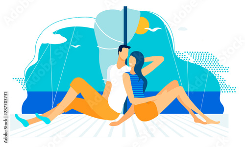 Young Couple Floating at Raft with Sail in Sea.
