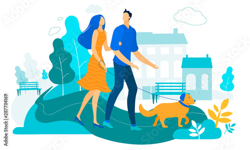 Young Loving Couple Walking with Dog in City Park.