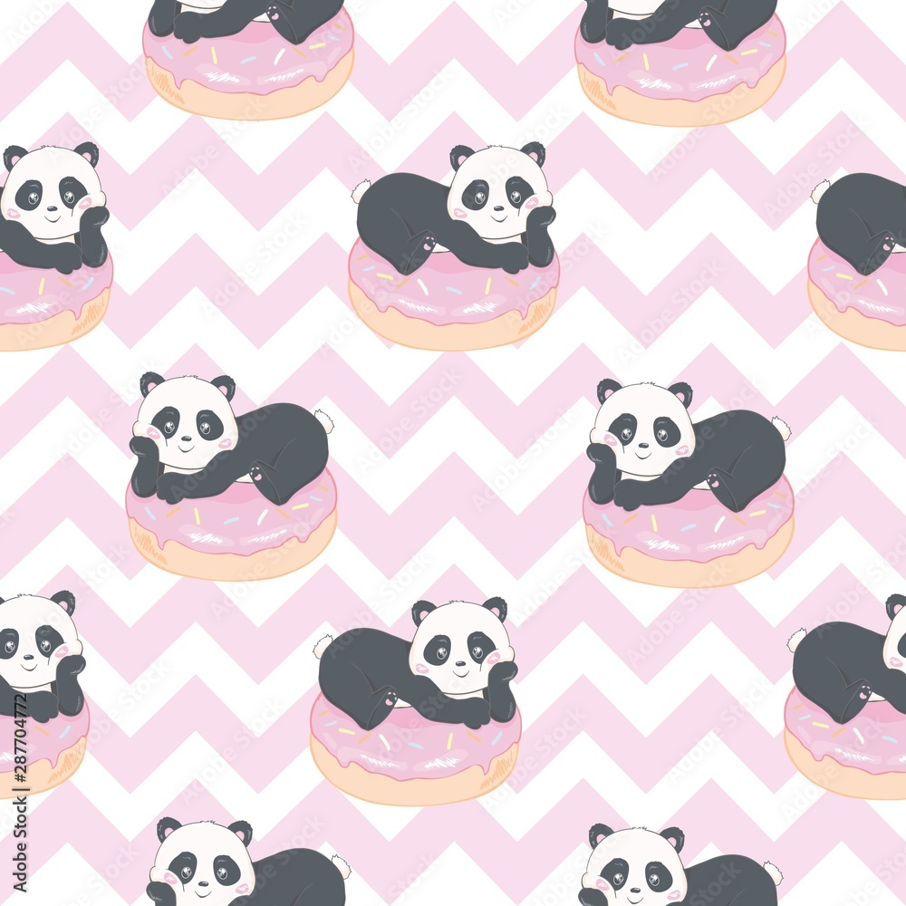 Fototapeta premium Vector Pattern: Seamless panda bear pattern on light pink background, panda with different gestures