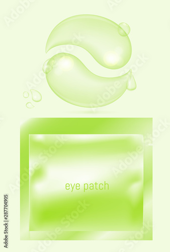 Green foil or plastic sachet for cosmetic and eye gel patches with transparent drops