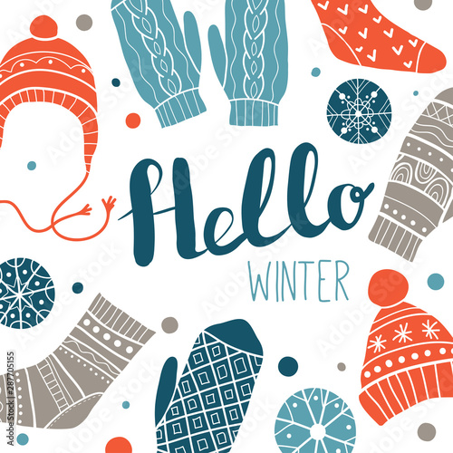 Hello winter. Colorful greeting card