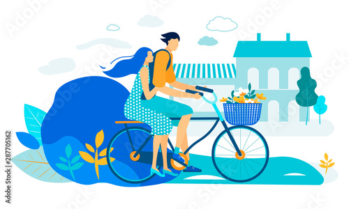 Young Loving Couple Riding Bicycle Together. Love