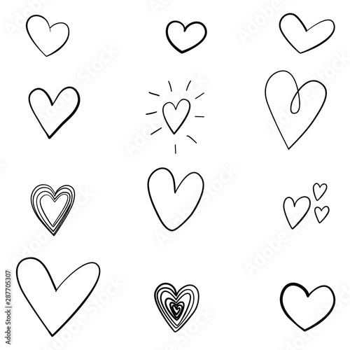 Set of nine hand drawn heart. Handdrawn rough marker hearts isolated on white background. Vector illustration for your graphic design
