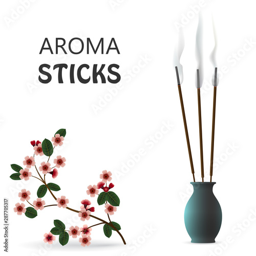 Aroma smoke reed sticks in ceramic blue bottle. Sakura aromatherapy vector illustration.