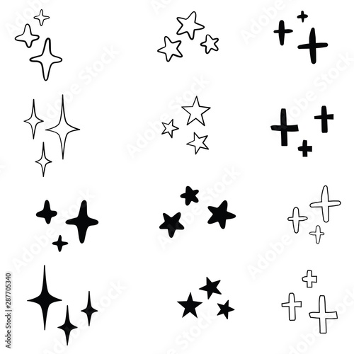 Set of black hand drawn vector stars in doodle style on white background. Could be used as pattern or standalone element. Brush marker sketchy