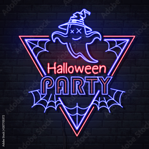 Neon sign halloween party with ghost and spider web. Vintage electric signboard.