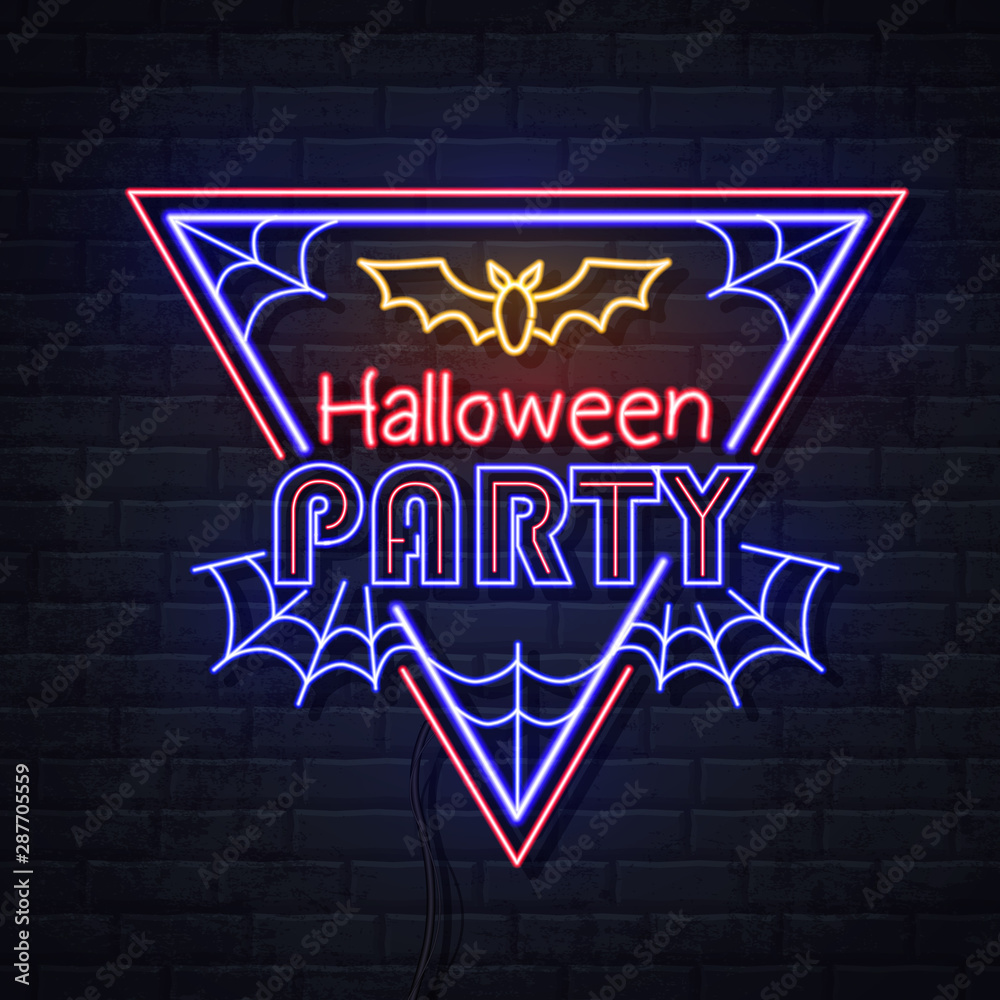 Neon sign halloween party with bat and spider web. Vintage electric signboard.