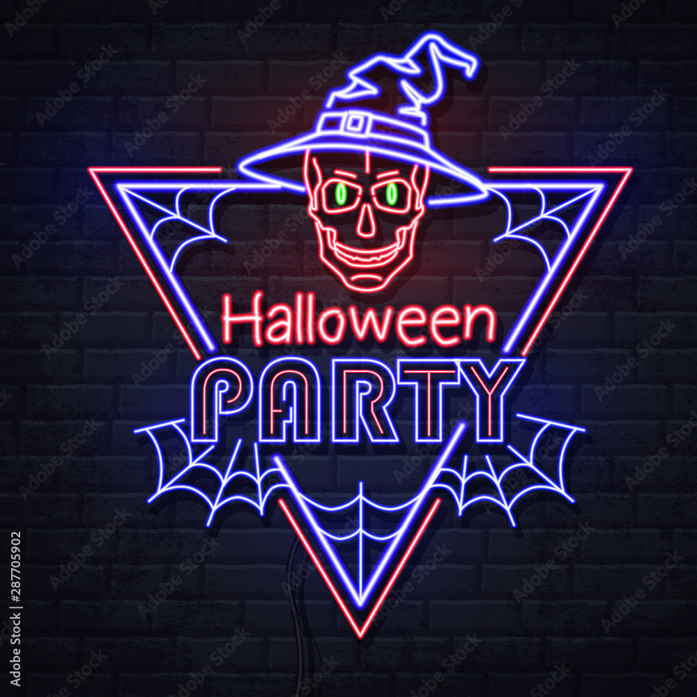 Neon sign halloween party with skull and spider web. Vintage electric signboard.