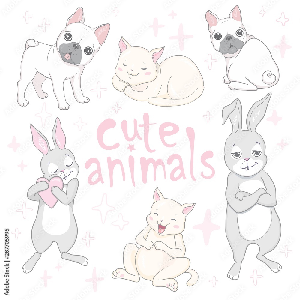 Fototapeta premium Cartoon cute animals for baby card and invitation. Vector illustration. Lion, dog, bunny, bear, panda, tiger, cat, fox.
