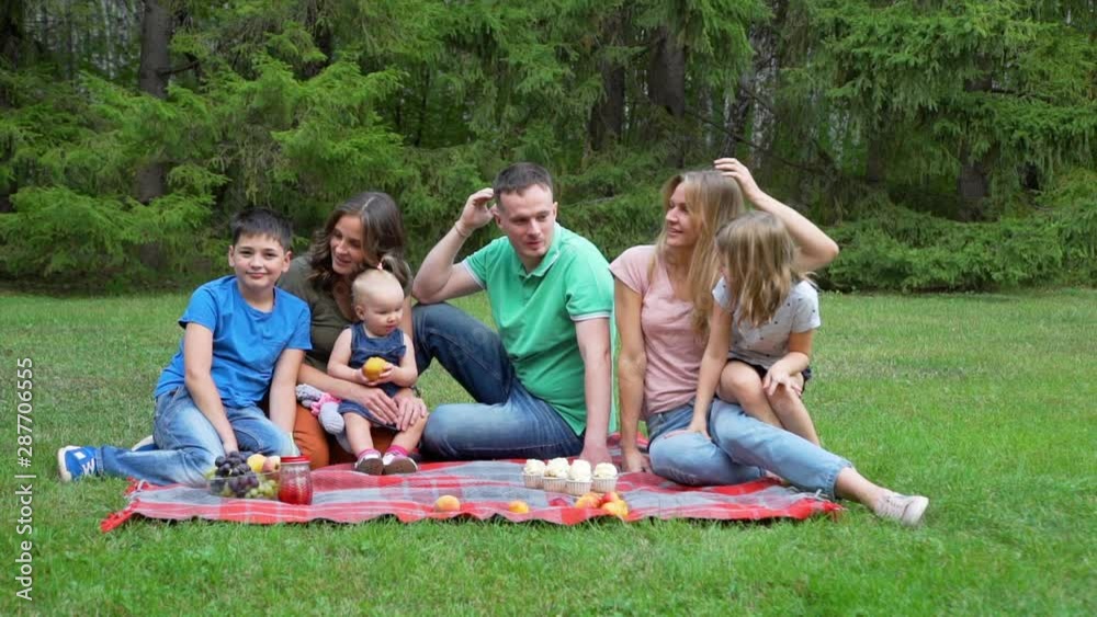 Big Family with Children Having a Picnic in Summer Park. Family, Leisure and People Concept Big Family with Children Having a Picnic in Summer Park. Family, Leisure and People Concept