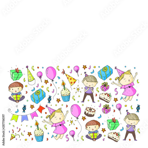 Happy boys and girls. Little kindergarten preschool children. Birthday party celebration. Icons for banners, posters, invitation.