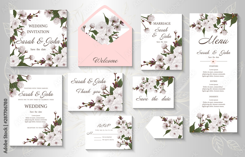 Wedding invitation with branch flowers cherry blossom. Sakura flowers, watercolor, isolated on white. Vector Watercolour. Wedding invitation with branch flowers cherry blossom. Sakura flowers, watercolor, isolated on white. Vector Watercolour.