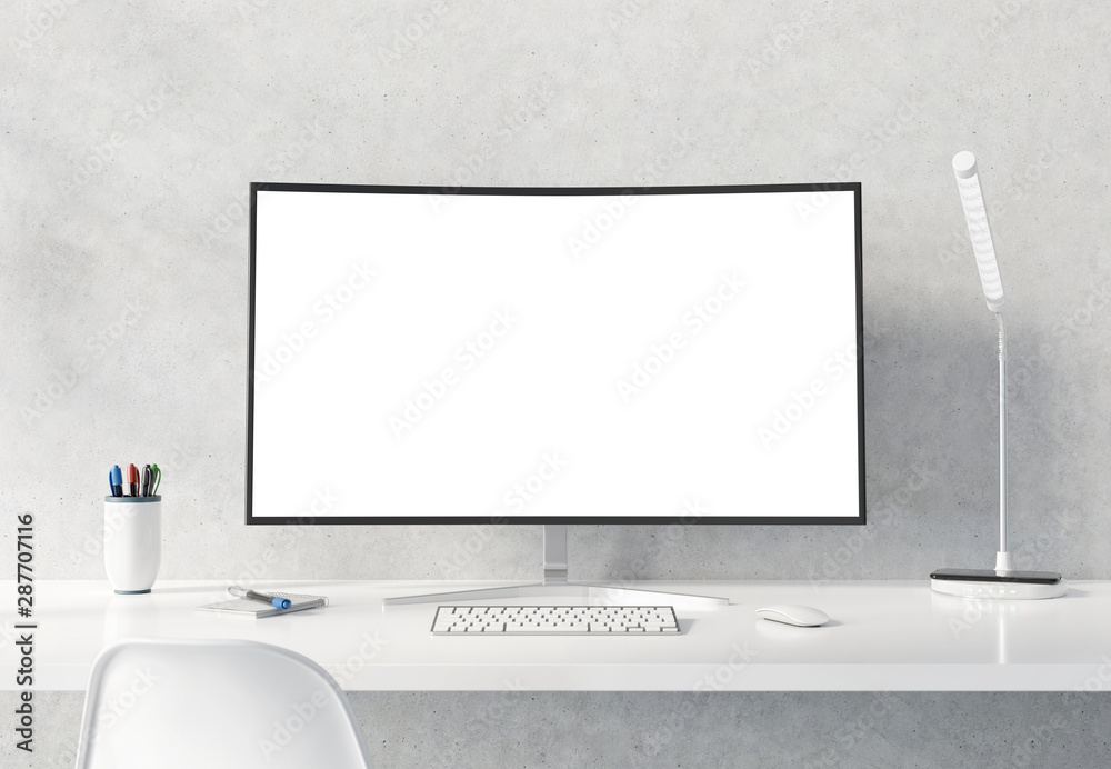 Fototapeta premium Curved monitor on white desktop concrete interior mockup 3D rendering