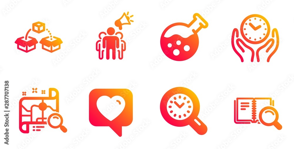 Safe time, Search map and Chemistry lab line icons set. Brand ambassador, Heart and Parcel shipping signs. Time management, Search book symbols. Hold clock, Find address. Technology set. Vector
