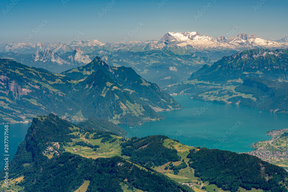 Panorama view on lake Lucerne, Rigi Kulm, Burgenstock and Alps from Pilatus mountain