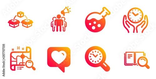 Safe time, Search map and Chemistry lab line icons set. Brand ambassador, Heart and Parcel shipping signs. Time management, Search book symbols. Hold clock, Find address. Technology set. Vector