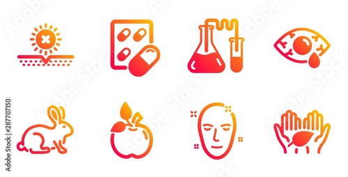 No sun, Chemistry lab and Animal tested line icons set. Ð¡onjunctivitis eye, Health skin and Eco food signs. Capsule pill, Fair trade symbols. Uv protect, Medical laboratory. Healthcare set. Vector