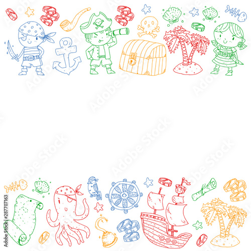 Pirate party. Illustrations for little children. Kids birthday celebration with treasure island, octopus, pirates