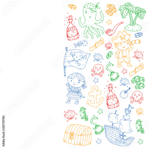 Pirate party. Illustrations for little children. Kids birthday celebration with treasure island, octopus, pirates