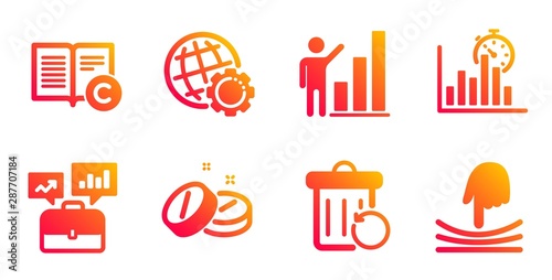 Copyright, Business portfolio and Medical tablet line icons set. Report timer, Globe and Graph chart signs. Recovery trash, Elastic symbols. Copywriting book, Job interview. Science set. Vector