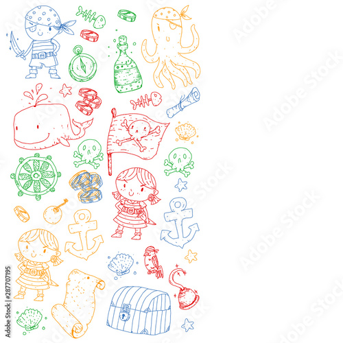 Pirate party. Illustrations for little children. Kids birthday celebration with treasure island, octopus, pirates