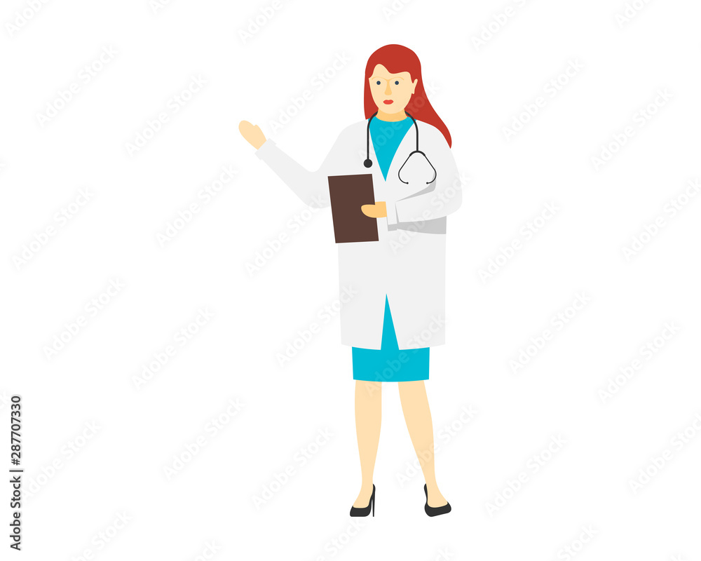 Young doctor female standing. Medicine hospital staff professional. White woman character with stethoscope. Vector flat medical person illustration