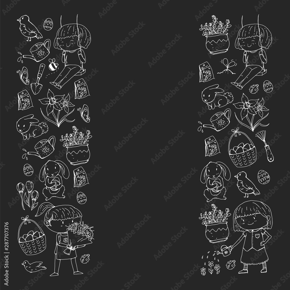 Vector pattern with easter and spring elements. Eggs in basket, bunny, flowers, birds Vector pattern with easter and spring elements. Eggs in basket, bunny, flowers, birds