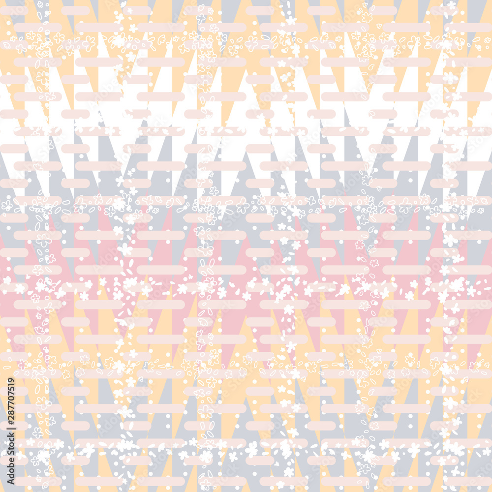 Modern vector seamless pattern with simple flowers and abstract chevron background. Fabric look geometric repeat in retro pastel colors with zig zag shapes Modern vector seamless pattern with simple flowers and abstract chevron background. Fabric look geometric repeat in retro pastel colors with zig zag shapes